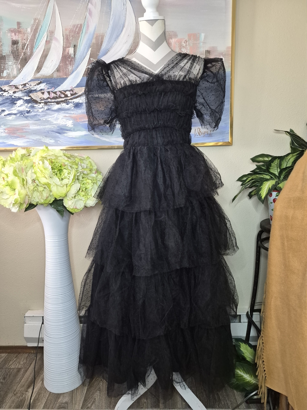 Just Me Black Tiered Tulle Midi Dress with Puff Sleeves